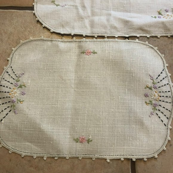 Embroidered Dresser Scarf Set 3 Floral Basket MCM Cottagecore - Picture 2 of 6